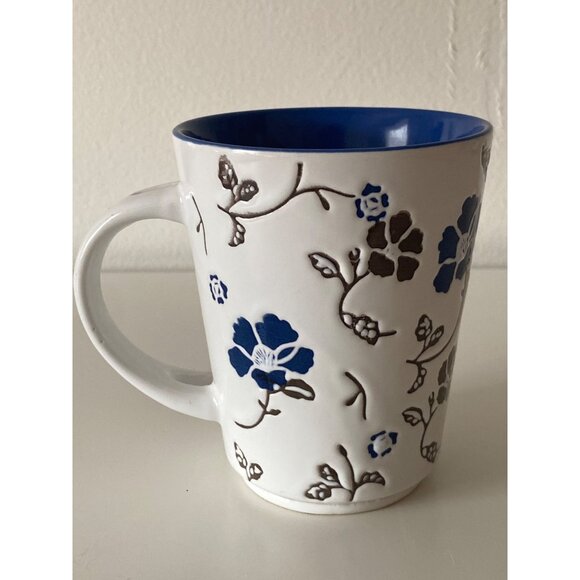 Pier 1 Imports Handpainted Stoneware Cup Mug White Blue Embossed Floral - Picture 4 of 9